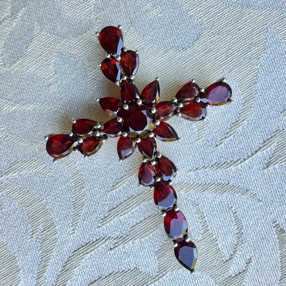 January Birthstone Red Garnet Gemstone Cross Pendant in Sterling Silver 925